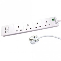 2m 4 Gang Surge Protected UK Power Extension with USB